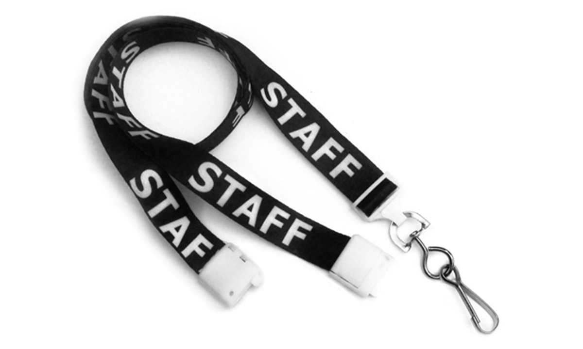 Vooraf bedrukte 15 mm satijnen lanyard "STAFF" met draaihaak en veiligheidssluiting