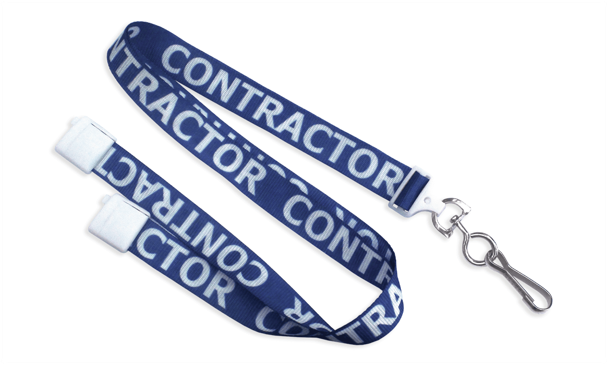 Vooraf bedrukte 15 mm satijnen lanyard "CONTRACTOR" met draaihaak en veiligheidssluiting