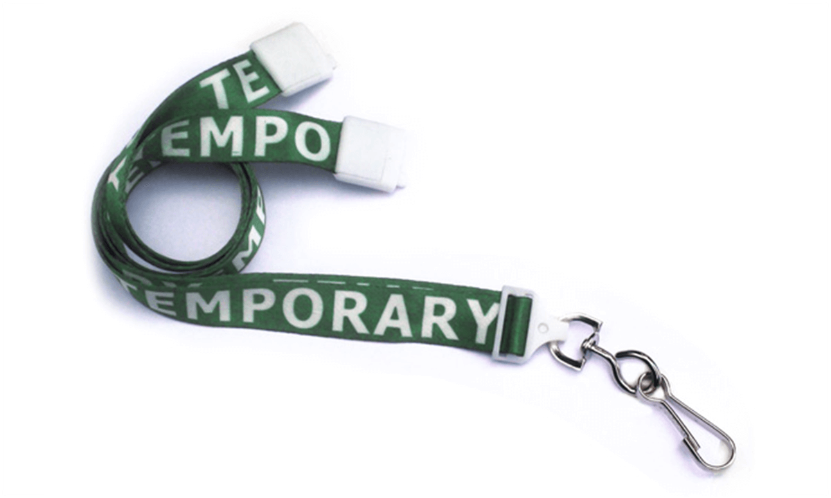 Vooraf bedrukte 15 mm satijnen lanyard "TEMPORARY" met draaihaak en veiligheidssluiting