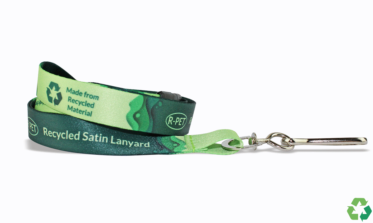 Gepersonaliseerde 15 mm lanyards van gerecycleerd satijn 15 mm - Meerkleurenbedrukking