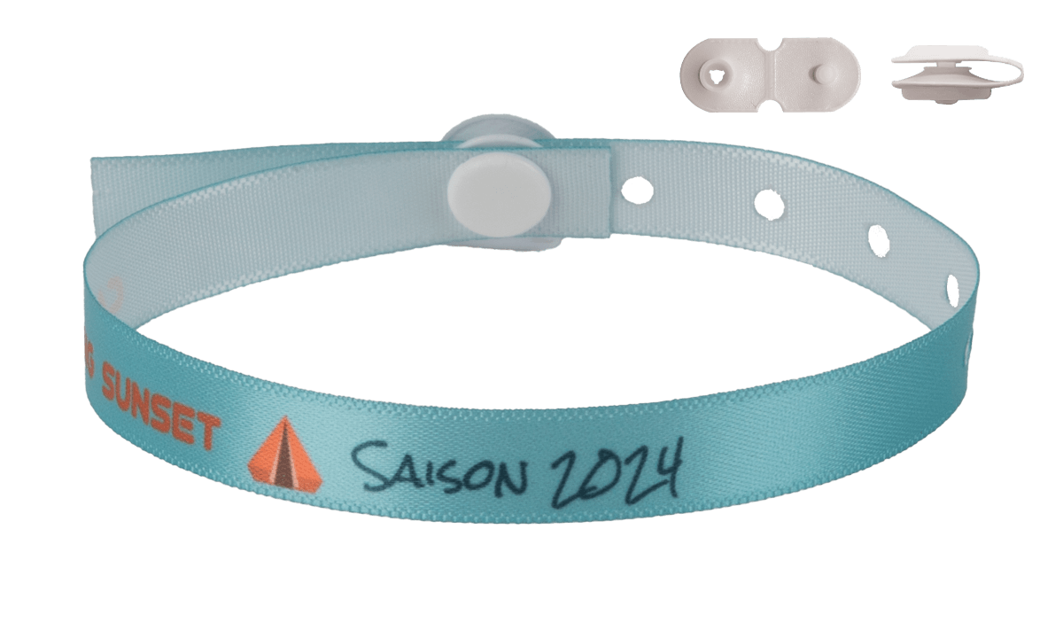 Satijn polsbandjes 10mm "speciaal voor camping" met St Tropez sluiting