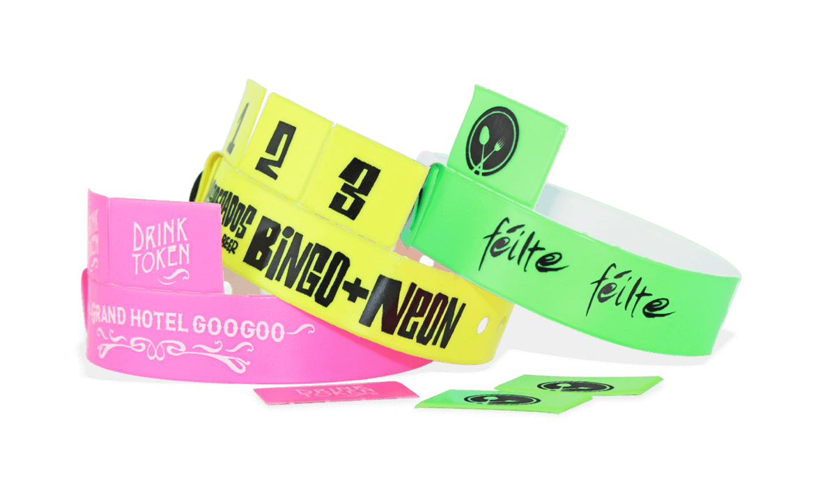 Vinyl polsbandjes met 3 afneembare tabs, 19mm, met afdruk in 1 kleur