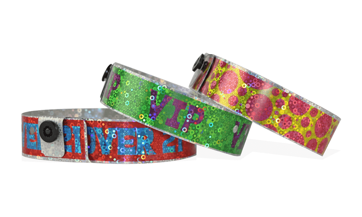 Holografische polsbandjes, 19mm, glitter metallic patroon, met digitale kleuren afdruk