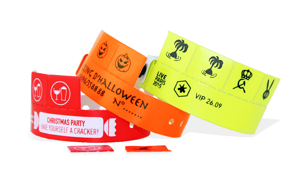 Vinyl polsbandjes met 4 afneembare tabs, 19mm, met afdruk in 1 kleur