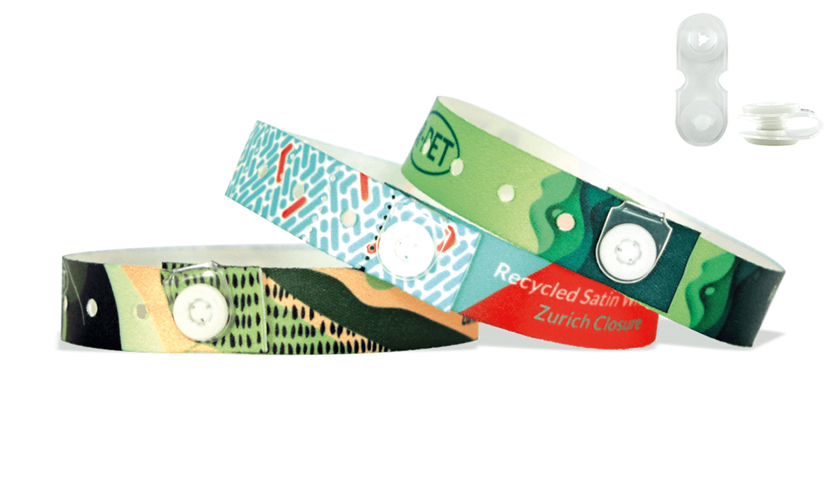 Polsbandjes van GERECYCLED satijn met transparante vinyl drukknoopsluiting (Zurich)