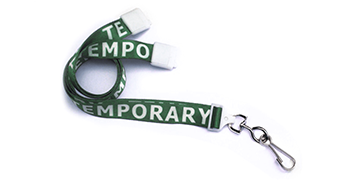 Vooraf bedrukte 15 mm satijnen lanyard "TEMPORARY" met draaihaak en veiligheidssluiting