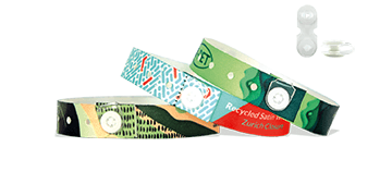 Polsbandjes van GERECYCLED satijn met transparante vinyl drukknoopsluiting (Zurich)